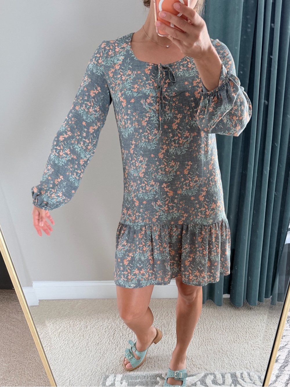 Melrose and Market Floral Tie-Neck Long Sleeve Midi Dress - XS